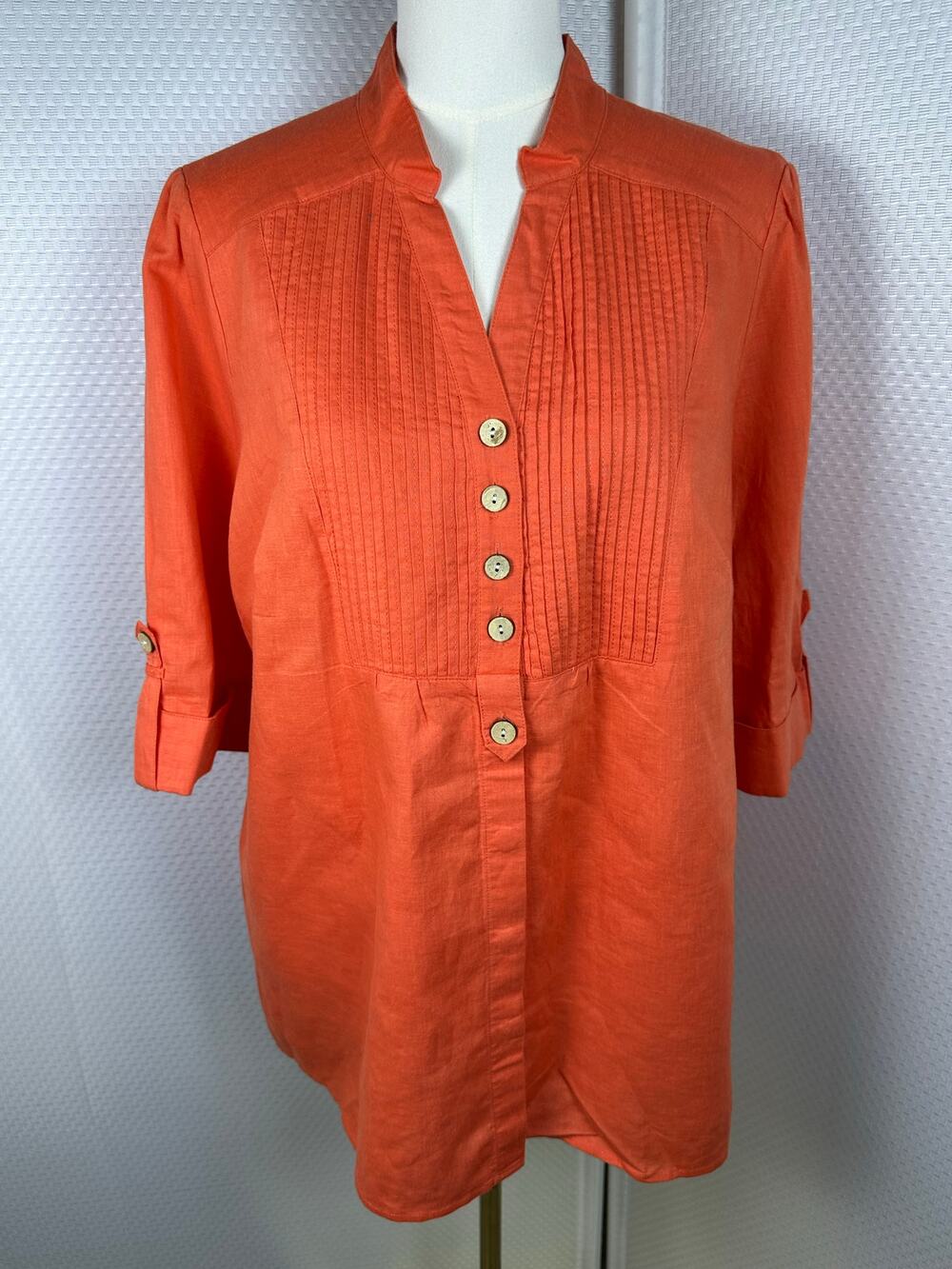 Alexandra Bartlett 100% Linen Blouse 2x Orange Pleated Vintage Cruise Summer